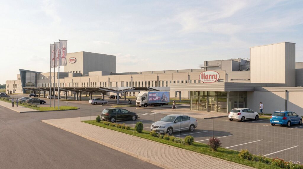 Visualisierung der neuen Großbäckerei in Erlensee mit langgestreckter Produktionshalle